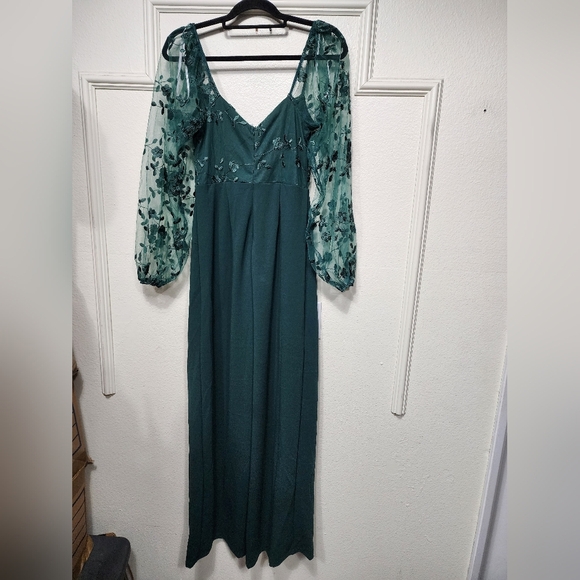 Lulus Darling Charisma Emerald Mesh Embroidered Jumpsuit M Wedding Party Evening - Picture 9 of 10